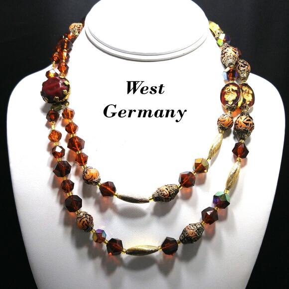 Western Germany Art Bead Floral Necklace, Two Strands, Button Box Clasp, 1950s - Picture 1 of 10
